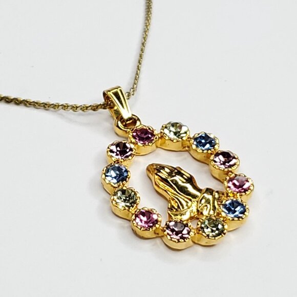 Vintage Praying Hands Pendant Necklace Rhinestones Pink Purple Blue Goldtone - Picture 2 of 3